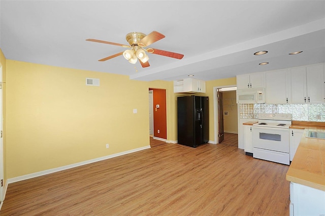 kitchen with decorative backsplash, white appliances, ceiling fan, light hardwood / wood-style floors, and white cabinetry