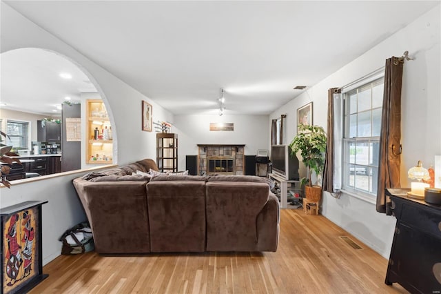 living room featuring a fireplace and light wood-type flooring