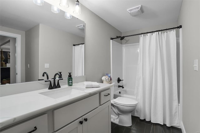 full bathroom with tile patterned flooring, vanity, toilet, and shower / bathtub combination with curtain