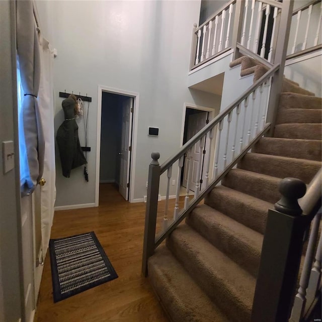 staircase with a high ceiling and hardwood / wood-style flooring