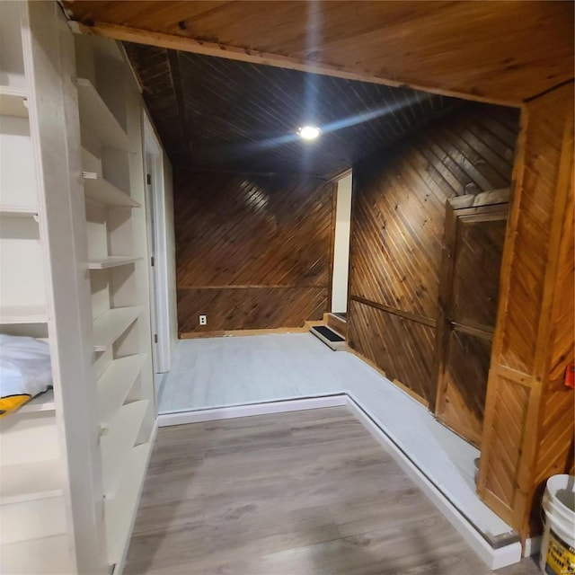 interior space with hardwood / wood-style flooring and wood walls