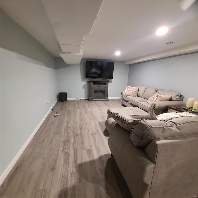 living room featuring a fireplace and light hardwood / wood-style floors