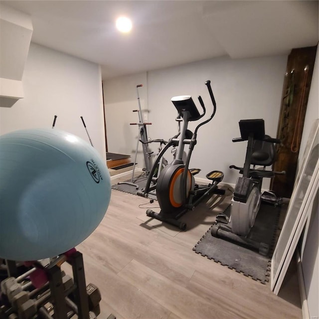 workout area with light hardwood / wood-style floors