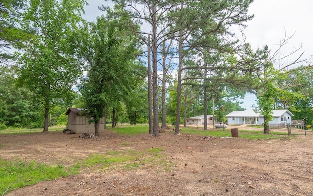 view of yard featuring a storage unit