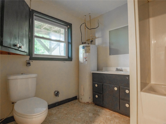 bathroom featuring electric water heater, vanity, and toilet