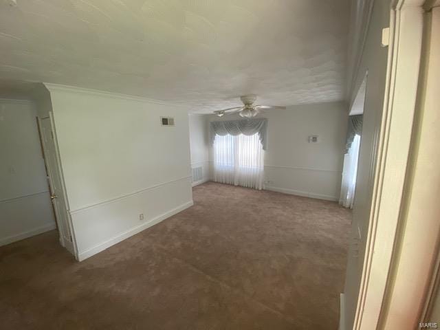 spare room with ceiling fan, carpet floors, and ornamental molding