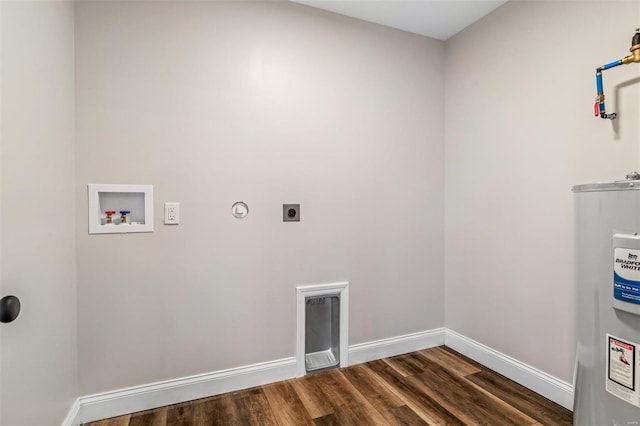 washroom with electric dryer hookup, water heater, hookup for a washing machine, and dark wood-type flooring