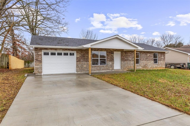 single story home with a front lawn and a garage