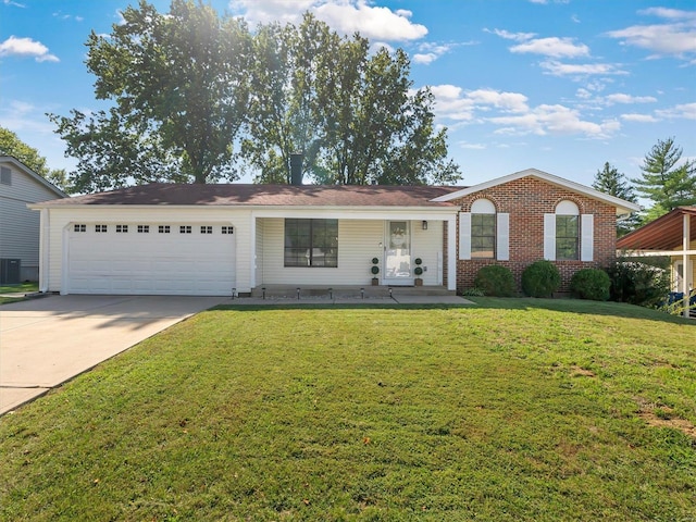 ranch-style house with central air condition unit, a front lawn, and a garage