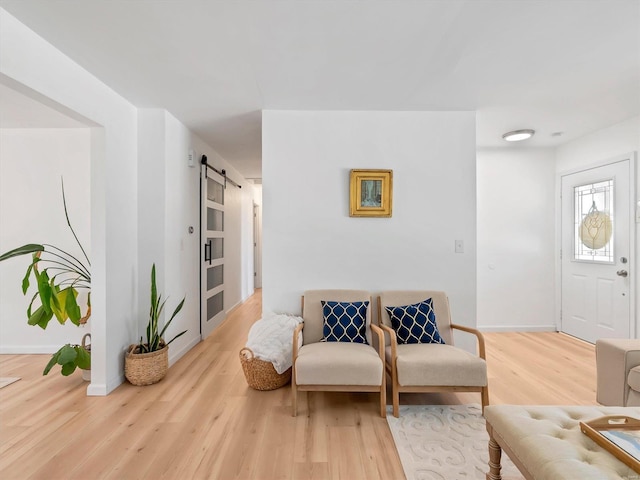 living room featuring wood-type flooring and a barn door