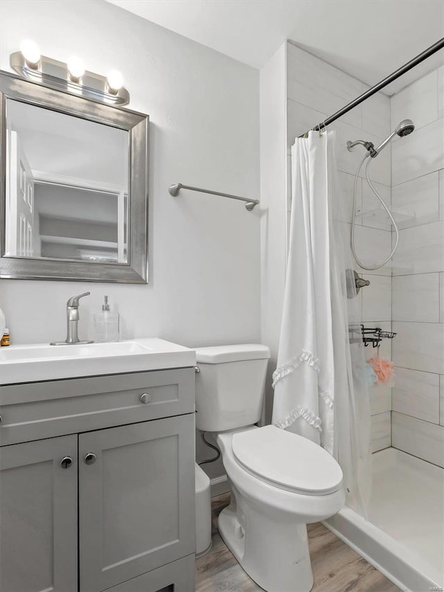 bathroom featuring wood-type flooring, vanity, toilet, and curtained shower