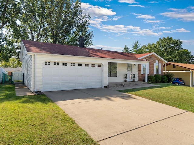 single story home featuring a front yard and a garage