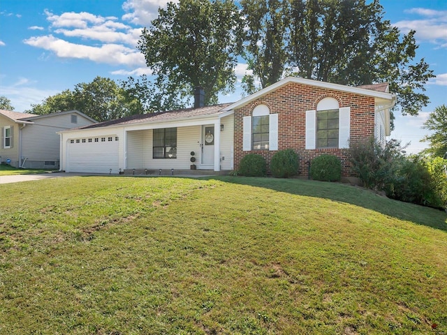 ranch-style house featuring a front lawn, covered porch, and a garage