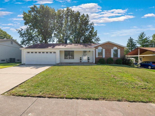 single story home featuring cooling unit, a front lawn, covered porch, and a garage