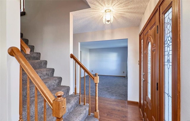 carpeted foyer entrance featuring a healthy amount of sunlight and a textured ceiling