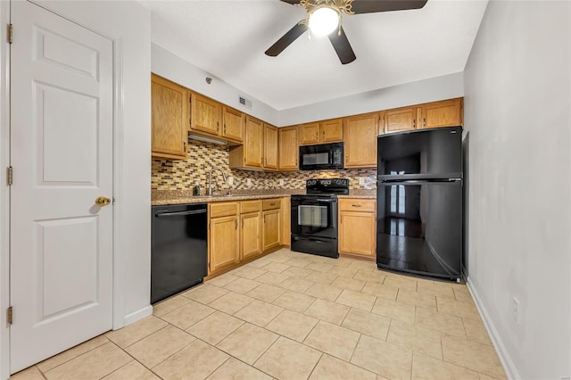 kitchen featuring sink, backsplash, light tile patterned floors, ceiling fan, and black appliances