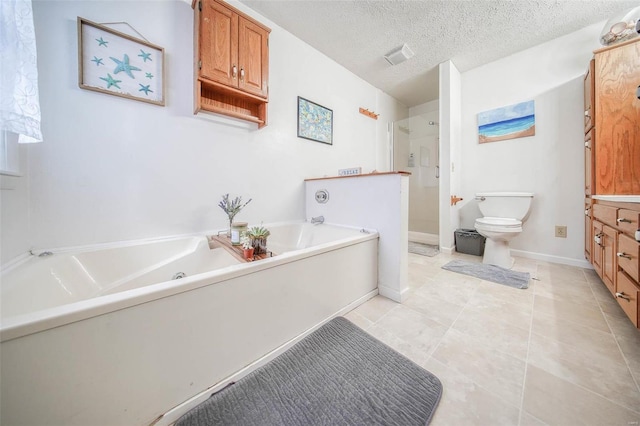 bathroom with toilet, a textured ceiling, and shower with separate bathtub