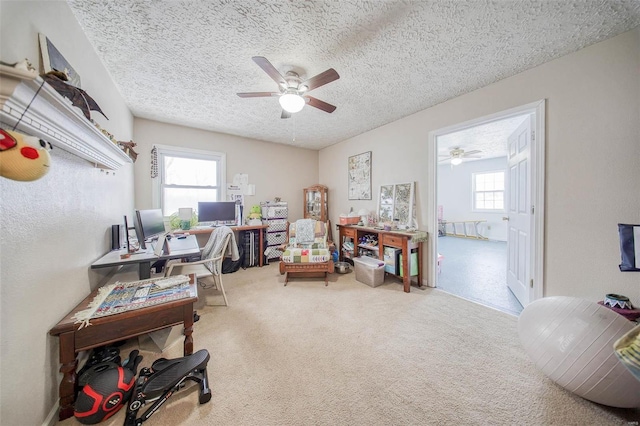 carpeted home office featuring ceiling fan, a wealth of natural light, and a textured ceiling