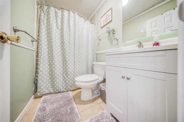 bathroom featuring toilet, a textured ceiling, tile patterned flooring, crown molding, and vanity