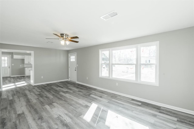 interior space with a wealth of natural light, ceiling fan, and wood-type flooring