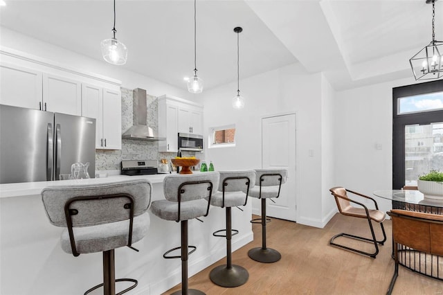 kitchen featuring wall chimney exhaust hood, tasteful backsplash, hanging light fixtures, appliances with stainless steel finishes, and white cabinets