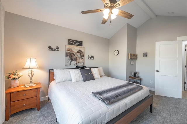 bedroom with carpet flooring, ceiling fan, and lofted ceiling with beams