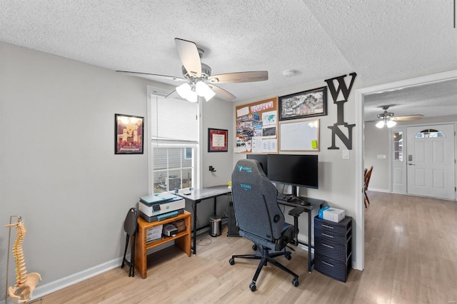 office space with a textured ceiling, light hardwood / wood-style floors, and ceiling fan