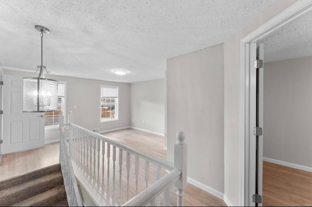 corridor with a textured ceiling, hardwood / wood-style flooring, and an inviting chandelier