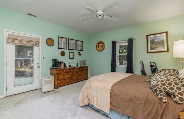 bedroom featuring light wood-type flooring and ceiling fan