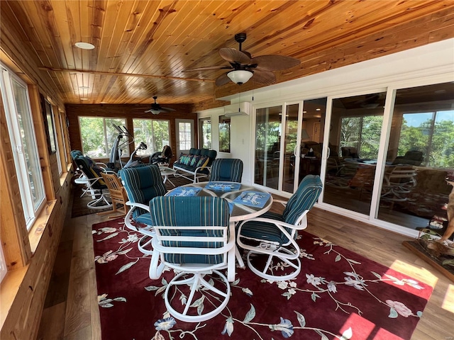 sunroom featuring ceiling fan and wood ceiling