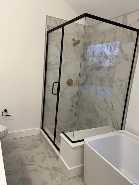 bathroom with plus walk in shower and toilet