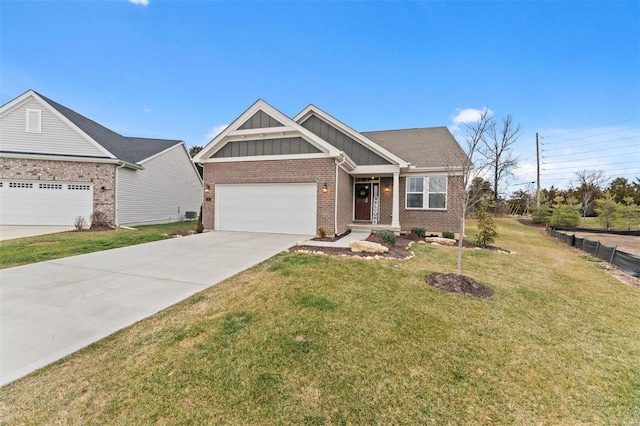 craftsman inspired home with driveway, a garage, a front lawn, board and batten siding, and brick siding