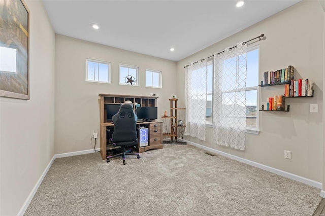 home office featuring carpet floors, visible vents, baseboards, and recessed lighting