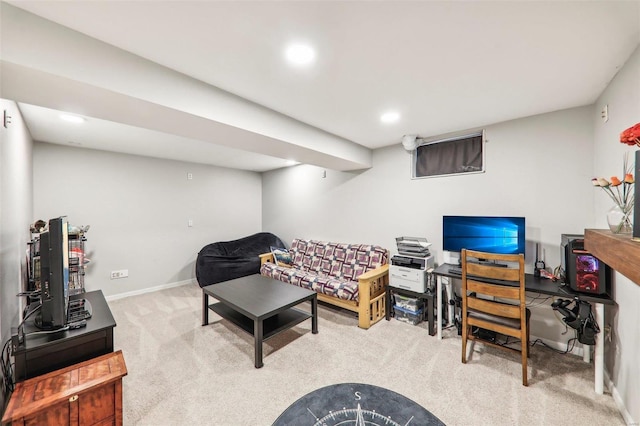 living room featuring light carpet