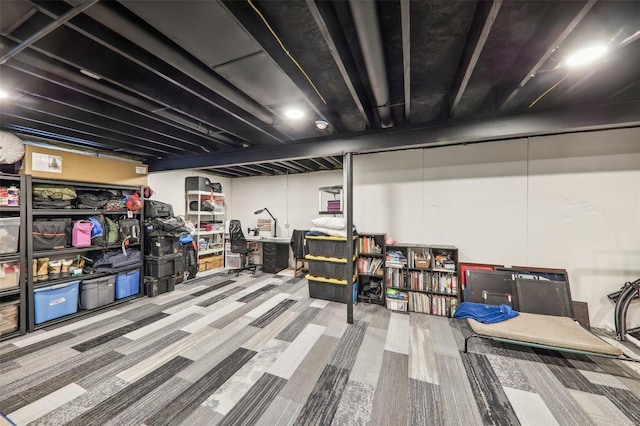 basement featuring carpet