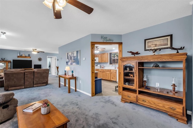 living room featuring sink and light colored carpet