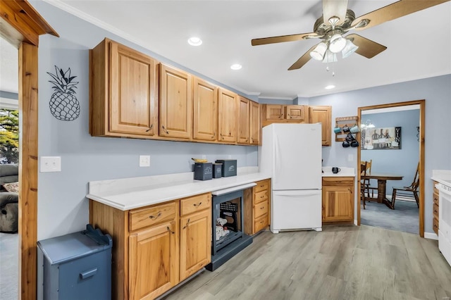 kitchen with white refrigerator, light hardwood / wood-style flooring, ceiling fan, and crown molding