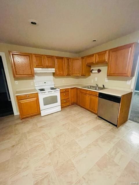 kitchen with electric range, stainless steel dishwasher, and sink