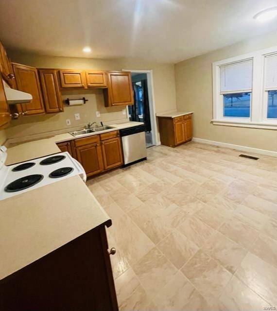 kitchen with electric stove, dishwasher, and sink