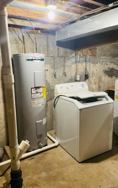 clothes washing area featuring washer / clothes dryer and water heater