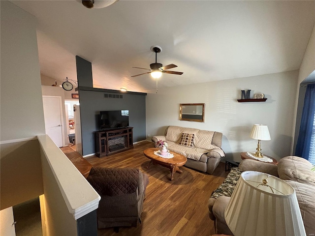 living room with ceiling fan, wood-type flooring, and lofted ceiling