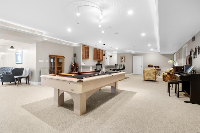 recreation room featuring light colored carpet, billiards, and bar area