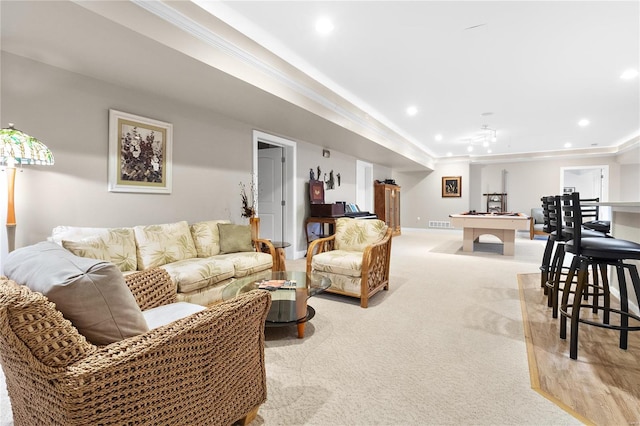 living room with light carpet and billiards