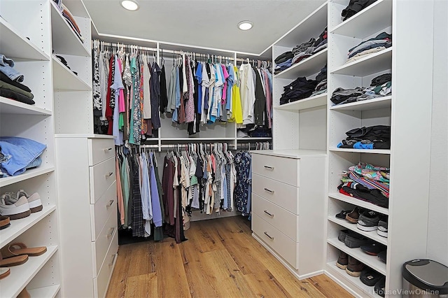 spacious closet featuring light hardwood / wood-style floors