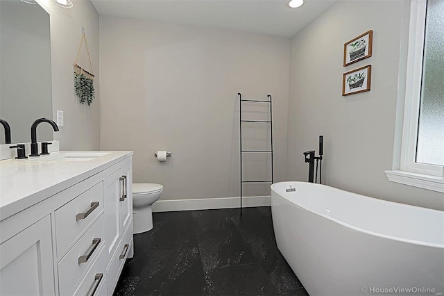 bathroom with vanity, toilet, and a bathing tub