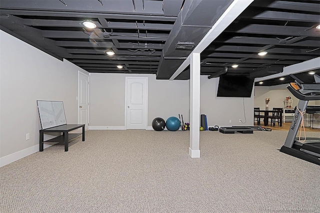 workout area with carpet floors