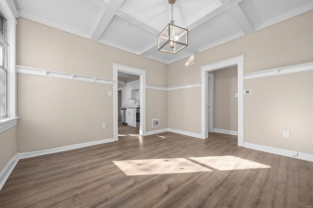 unfurnished dining area featuring beam ceiling, dark hardwood / wood-style flooring, a notable chandelier, and coffered ceiling