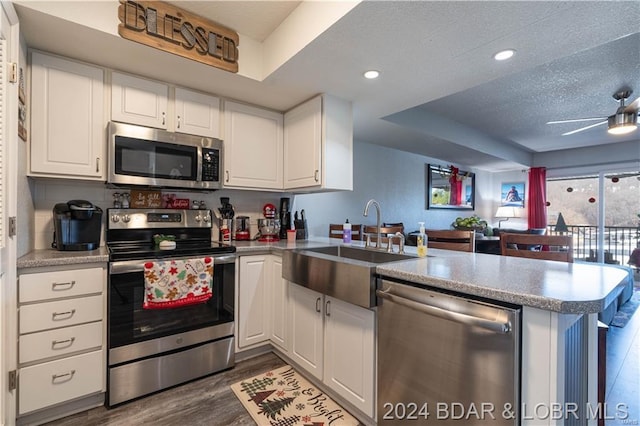 kitchen featuring kitchen peninsula, appliances with stainless steel finishes, dark hardwood / wood-style flooring, a raised ceiling, and white cabinets