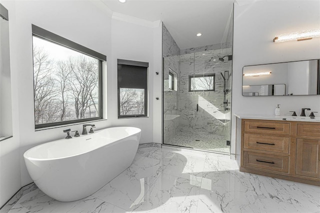 bathroom featuring vanity, independent shower and bath, and ornamental molding