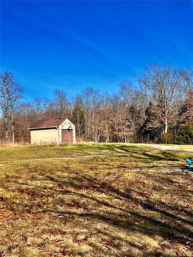 view of yard with an outdoor structure and a garage